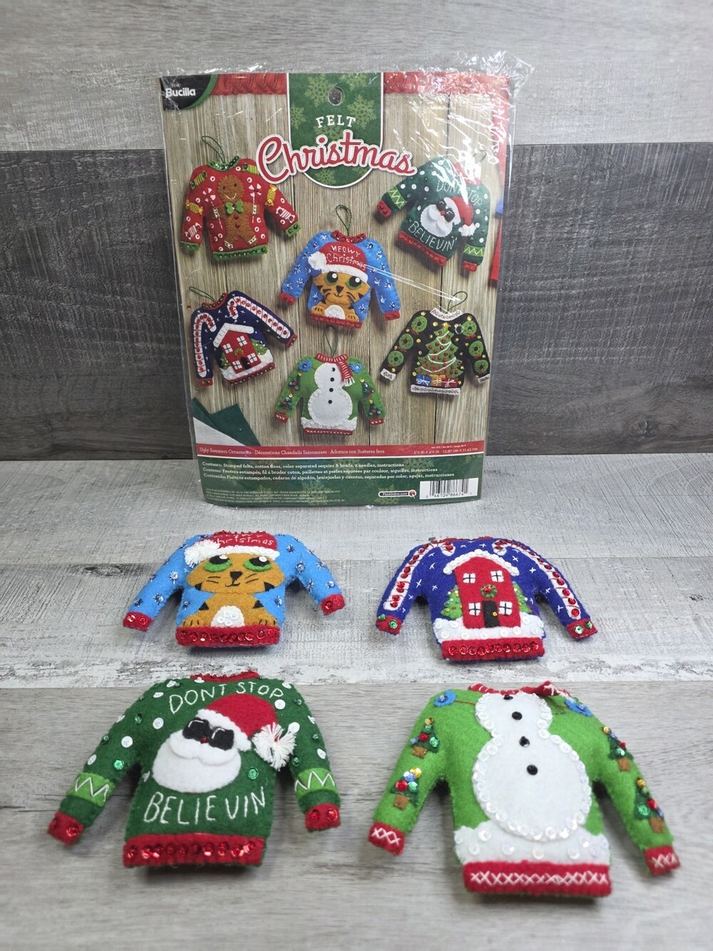 Bucilla Felt Ugly Christmas Sweaters 4 Ornaments Completed Bin5